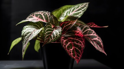 Wall Mural - Nerve plant fitonia on a pot lush vein leaf indoor and home plant on black background. Generative AI technology.