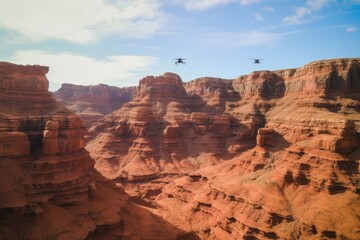 Wall Mural - shot of a drone flying above red rock formations, created with generative ai