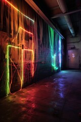 Wall Mural - glowing neon lines on a dark, grungy wall, created with generative ai