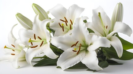 Wall Mural - Some white Madonna Lily flower arrangement and some leaf laying on studio shot white background. Generative AI technology.