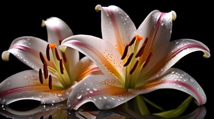 Wall Mural - Macro close up shot wet white Madonna Lily flower and some water drops look fresh isolated on black background. Generative AI technology.
