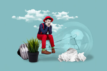 Poster - Magazine surreal template collage of upset young guy worker working on project have no idea sit on light off bulb