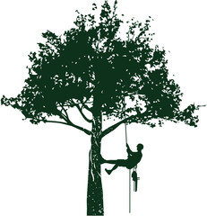 Hand drawn tree with a climber on a white background.Tree pruning. Vector.