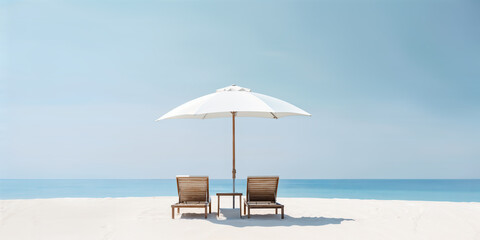 Wall Mural - Chaise lounges and sun umbrella on tropical beach. Generative AI