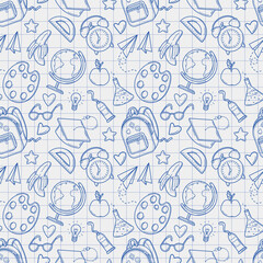 Hand drawn seamless pattern with school supplies and creative elements in doodle style on a white checkered background. Back to school background