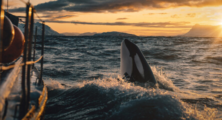 Wall Mural - orca making spy hop in sunset ocean water with splashes, norway background, winter and snow on mount
