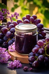 a jar of grape jam with fresh red grape, Generative Ai