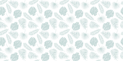 Wall Mural - Pastel green tropical leaves vector background, scattered leaves seamless wallpaper, repeat pattern tile