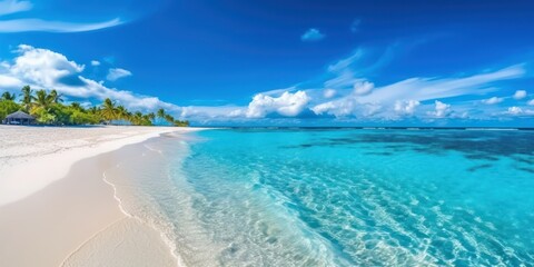 sandy beach with white sand and rolling calm wave of turquoise ocean on Sunny day on background