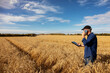 © Designpics - Farmer using a tablet to manage his harvest and talking on his cell phone while standing in a fully ripened grain field; Alcomdale, Alberta, Canada