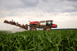 Red sprayer working on field of corn 
