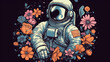 astronauta feliz e flores coloridas
