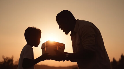 silhueta de pai recebendo caixa de presente do filho, feliz dia dos pais, amor e carinho com o papai 