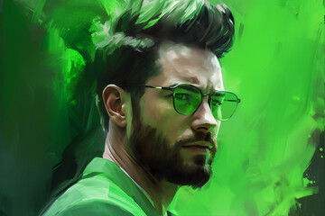Green Portrait of a Young Man. Generative AI.
A digital illustration of a young man painted portrait with a green background.  