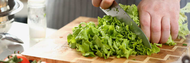 Wall Mural - Chef in an apron cuts vegetables and green salad. Concept of environmentally friendly products for cooking