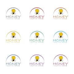 Sticker - Hand sketched bee honey logo icon isolated on white background. Set icons colorful