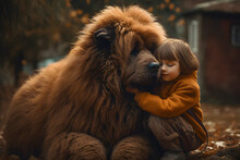 Little Cute Girl Hugging A Big Fluffy Dog, A Pet In The Yard Near The House On The Street. Generative AI.