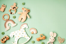 Eco Fiendly Child Wooden Toys. Sustainable, Developmental, Sensory Toys For Babies And Toddlers. Top View, Flat Lay