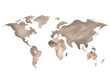 World map in watercolor. Rough outlines of continents and countries. Brown spots symbolize the land. Atlas of the planet Earth. Hand-drawn with a brush. Isolated on a white background