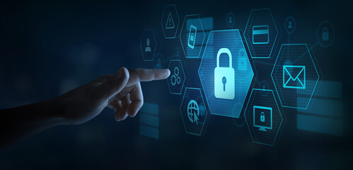 Wall Mural - data protection and digital security concept, cybersecurity, button with padlock on blue touchscreen