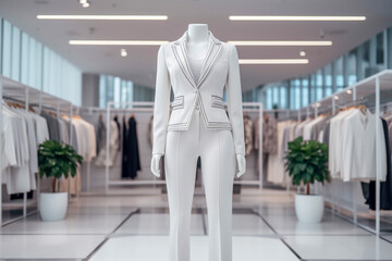 Wall Mural - Woman`s office suit in the clothing store. Super photo realistic background. Generative ai illustration.