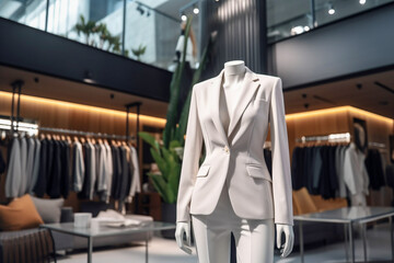 Wall Mural - Woman`s office suit in the clothing store. Super photo realistic background. Generative ai illustration.