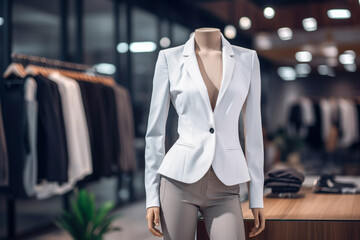 Wall Mural - Woman`s office suit in the clothing store. Super photo realistic background. Generative ai illustration.