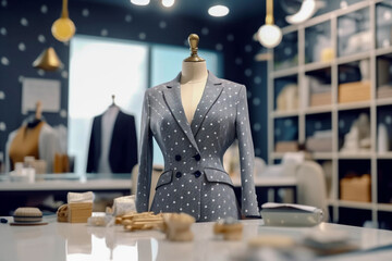 Wall Mural - Woman`s office suit in the clothing store. Super photo realistic background. Generative ai illustration.