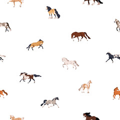 Fototapete - Horses of different breeds, seamless pattern. Endless background, texture design with stallions. Equine animals repeating print, wallpaper. Flat vector illustration for decoration, package, textile