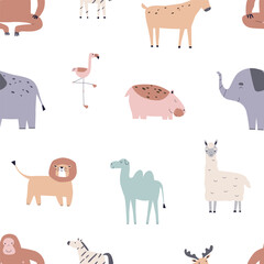 Wall Mural - Scandinavian seamless pattern with cute animals. Nordic endless background, wallpaper with happy childish characters. Kids repeating print, texture design. Flat vector illustration for textile, decor