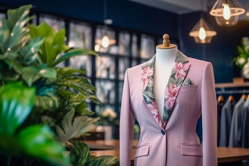 Wall Mural - Woman`s office suit in the clothing store. Super photo realistic background. Generative ai illustration.