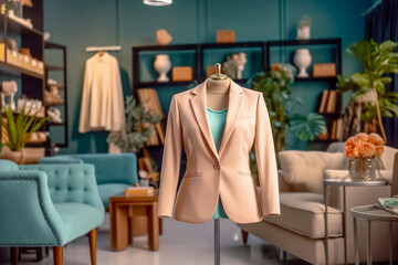 Wall Mural - Woman`s office suit in the clothing store. Super photo realistic background. Generative ai illustration.