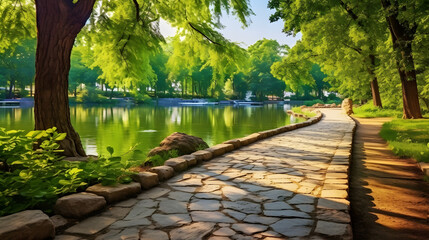 Wall Mural - Beautiful colorful summer spring natural landscape with a lake in Park surrounded by green foliage of trees in sunlight and stone path in foreground, --aspect 16:9