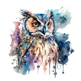 Fototapeta  - Illustration Watercolor cute colorful night owl. Generative AI, png image.