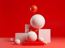Generative AI Image Of Different Sizes Of Red And White Balls On Pedestal Podium Against Red Background