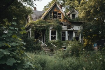 Wall Mural - abandoned house with overgrown garden surrounded by trees and bushes, created with generative ai