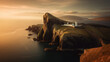 a lighthouse on a steep cliff by the sea at sunset. Generative AI