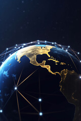 Generative AI illustration of glowing planet with yellow network connecting cities on black background