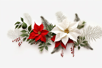 Wall Mural - Fir tree twigs and poinsettia flowers edges on simple background with copy space. Generative ai