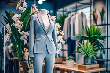 Wall Mural - Woman`s office suit in the clothing store. Super photo realistic background. Generative ai illustration.