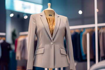 Wall Mural - Woman`s office suit in the clothing store. Super photo realistic background. Generative ai illustration.