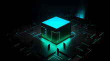Generative AI Abstract Illustration Of Box In Cube Geometric Shape Illuminated In Blue And Green Neon Colors And Lights In Dark Cyberspace