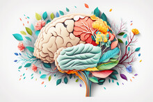 Human Brain With Spring Colorful Flowers. Concept Of Mental Health, Self Care, Happiness, Harmony, Positive Thinking, Creative Mind. Generative Ai.