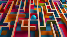 Generative AI Abstract Illustration Of Wooden Labyrinth With Colorful Walls And Floors And Narrow Paths With Hidden In Center Blue Ball