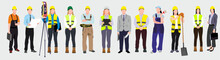 Set Of Male And Female Builders And Construction Workers In Helmets. Vector Flat Illustration Of Diverse People Working In Building Industry, Men And Women Architect, Painter, Engineers And Repairman