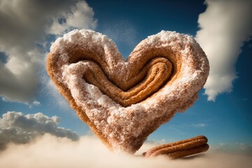 Wall Mural - a heart-shaped churro surrounded by a heart-shaped cloud of cinnamon sugar, created with generative ai