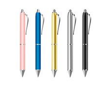 Colorful Ballpoint Pens 5 Colors. Set Of Realistic Pens Vector, Colorful Pen. Corporate Pen Design. Pink, Blue Pen, Gold, Grey, Black. Vector Illustration