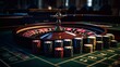 Roulette, gaming table, casino chips in close-up. Generative AI.