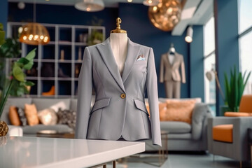 Wall Mural - Woman`s office suit in the clothing store. Super photo realistic background. Generative ai illustration.