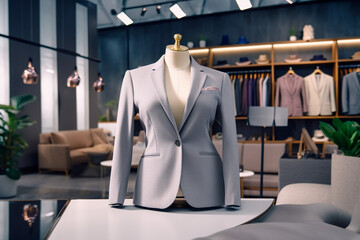 Wall Mural - Woman`s office suit in the clothing store. Super photo realistic background. Generative ai illustration.